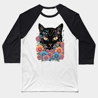 aesthetic Black Cat floral retro aesthetic flowers Baseball T-Shirt